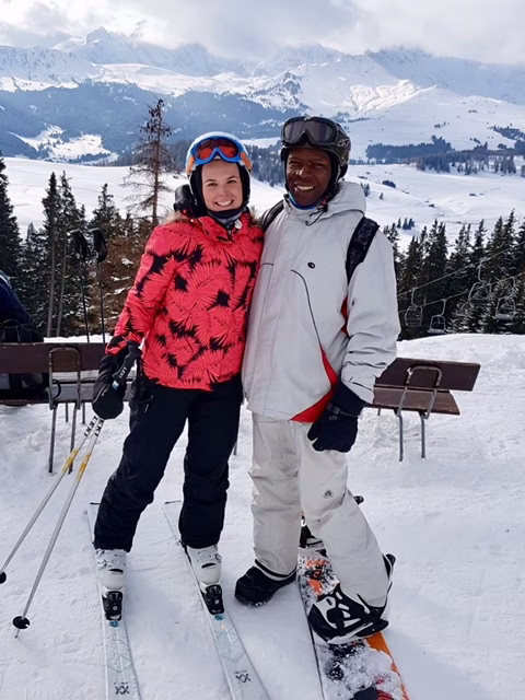 Jerry in the mountains snowboarding with the John Lewis Partnership's Ski and Snowboard club. 
