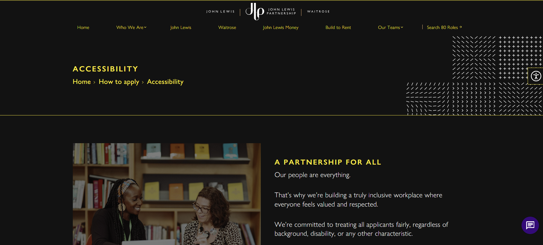 A screenshot of the accessibility page of the JLP Jobs careers site with a high contrast theme and large text options activated.