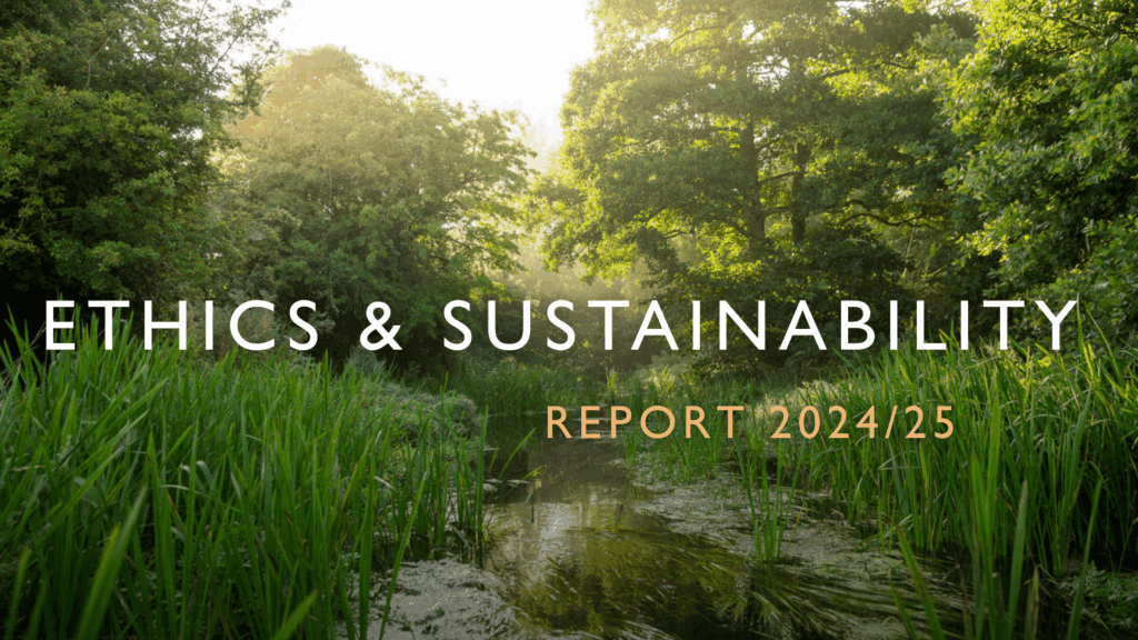 A forest background with the words 'Ethics & Sustainability Report 2024/25' overlaid